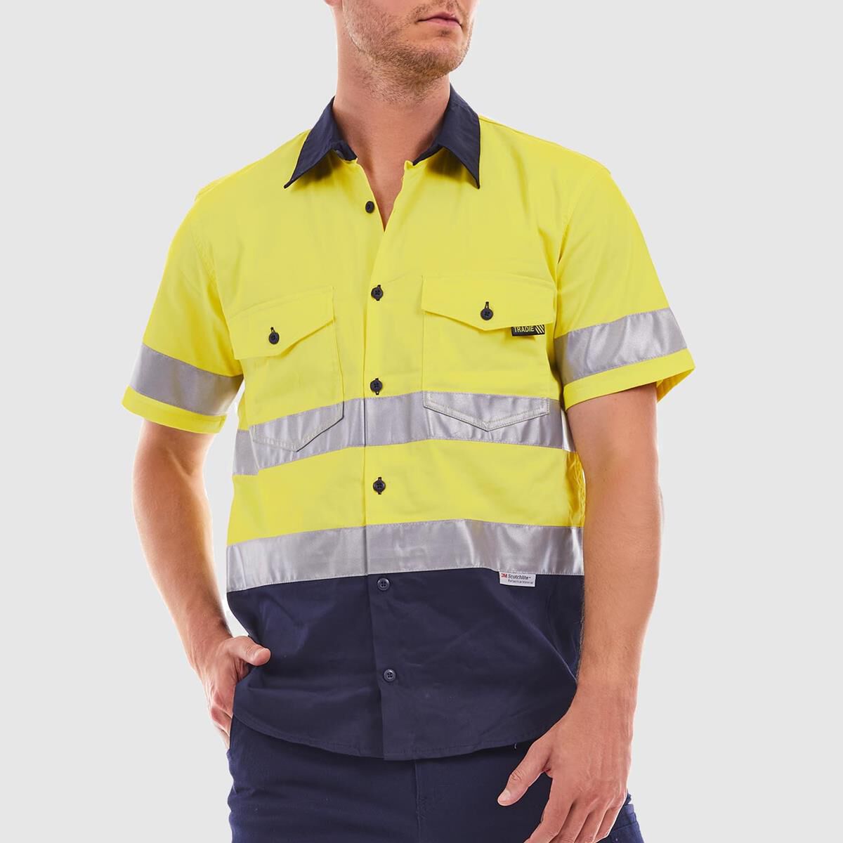 TRADIE FLEX SHORT SLEEVE REFLECTIVE SHIRT HI VIS YELLOW/NAVY XL, , scaau_hi-res