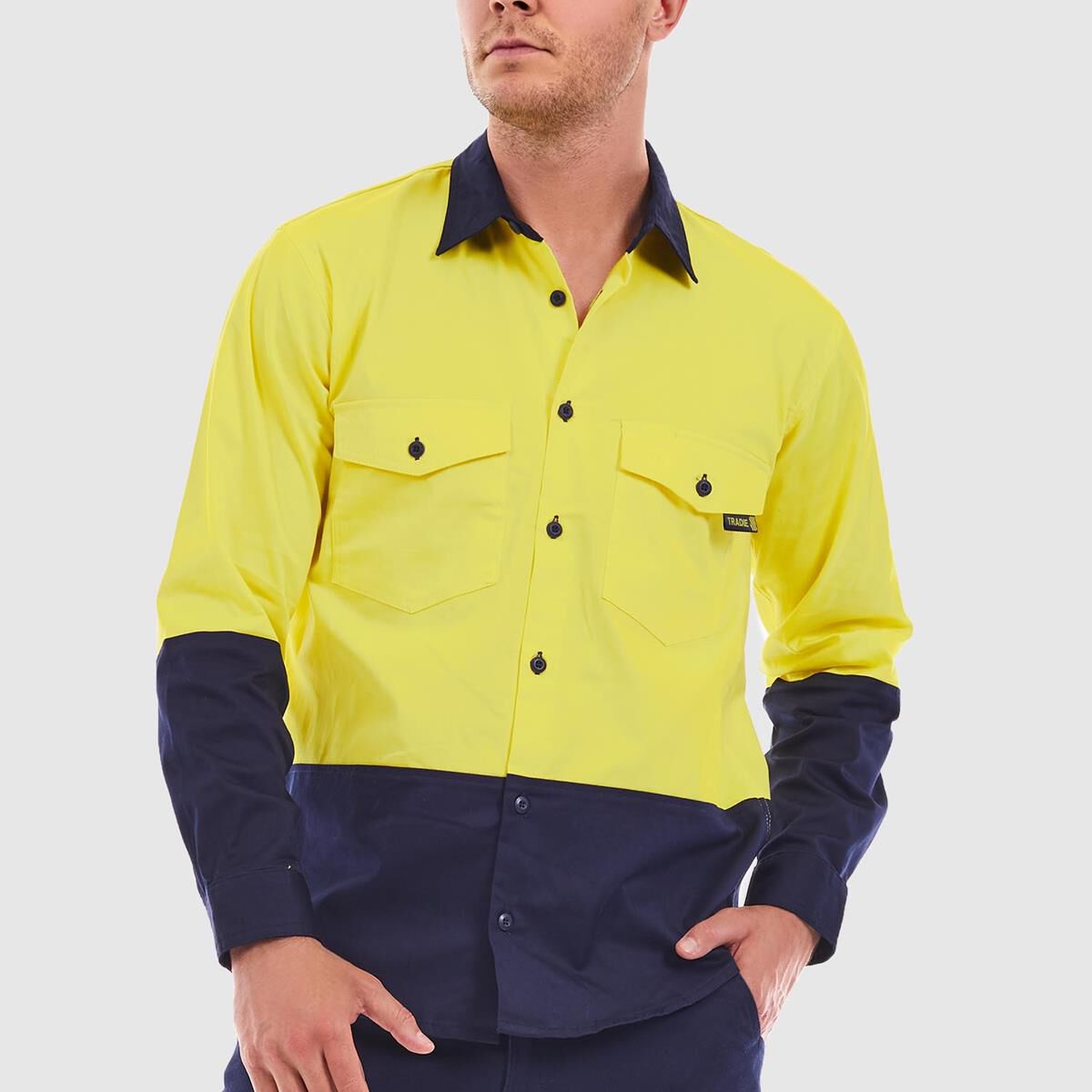 TRADIE FLEX LONG SLEEVE SHIRT HI VIS YELLOW/NAVY 2XL, , scaau_hi-res