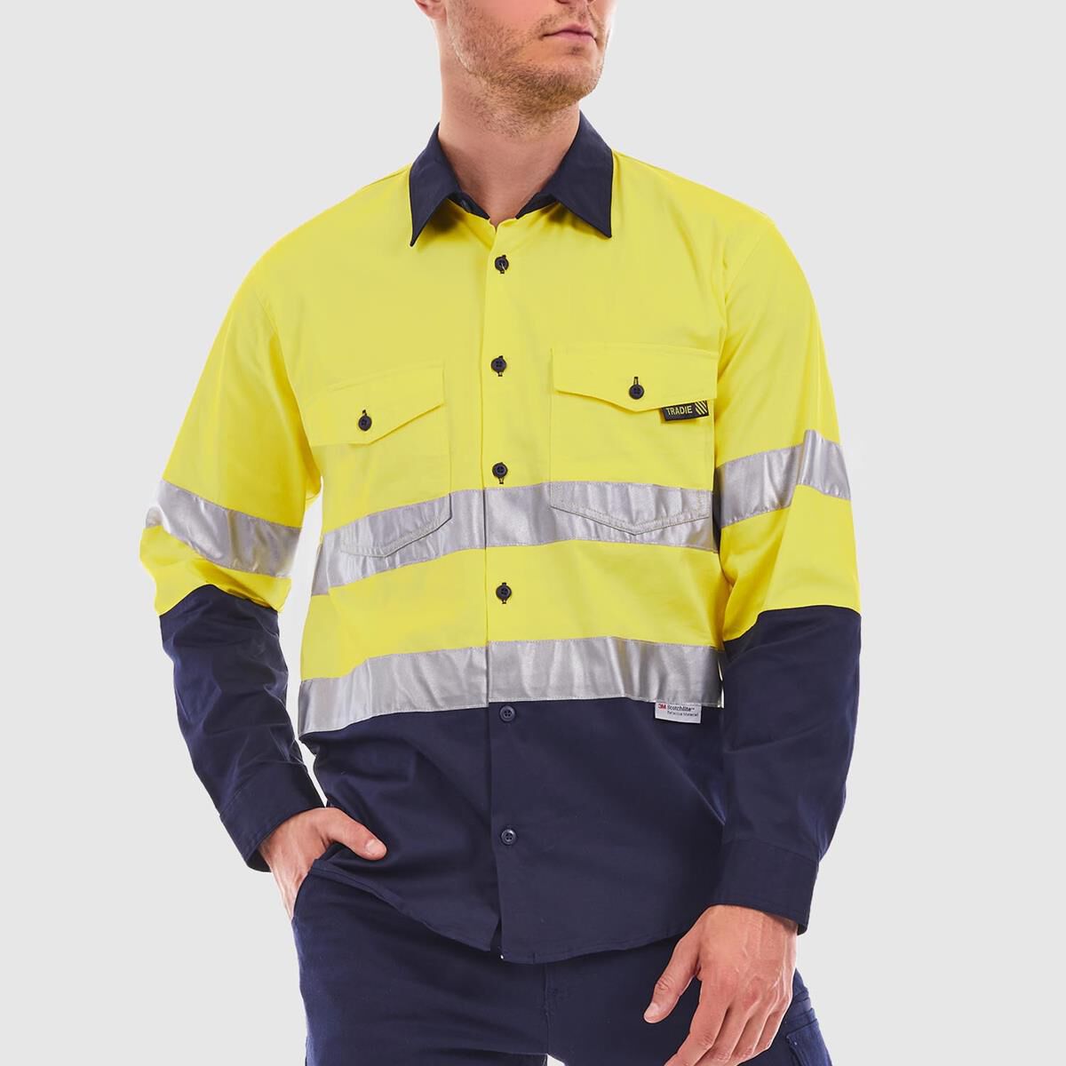 TRADIE LONG SLEEVE REFLECTIVE SHIRT HI VIS YELLOW/NAVY L, , scaau_hi-res