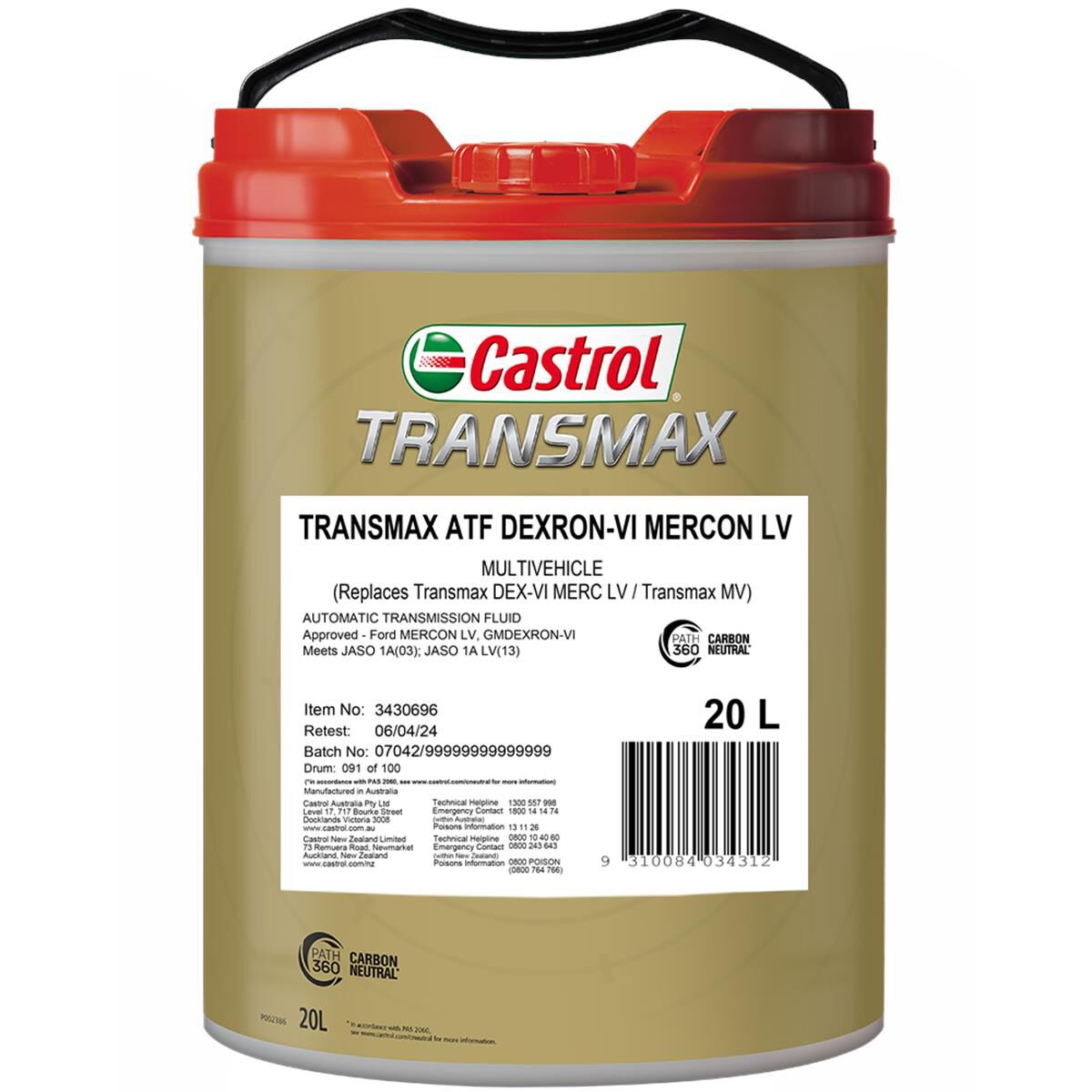 CASTROL TRANSMAX ATF DEXRON-VI MERCON LV MULTIVEHCILE 20L, , scaau_hi-res