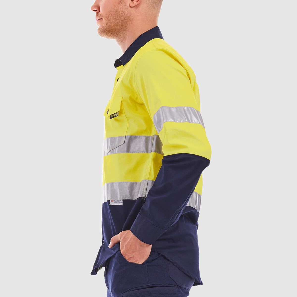 TRADIE LONG SLEEVE REFLECTIVE SHIRT HI VIS YELLOW/NAVY L, , scaau_hi-res