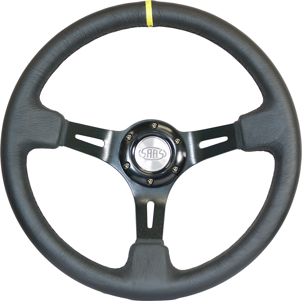 Steering Wheel Leather 14" D.Dish Black Slotted + Indicator, , scaau_hi-res