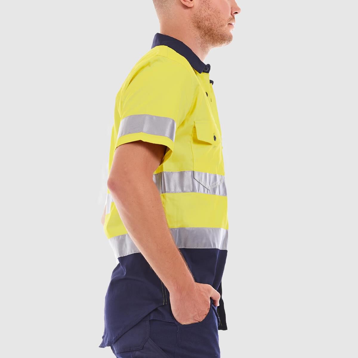 TRADIE FLEX SHORT SLEEVE REFLECTIVE SHIRT HI VIS YELLOW/NAVY 3XL, , scaau_hi-res