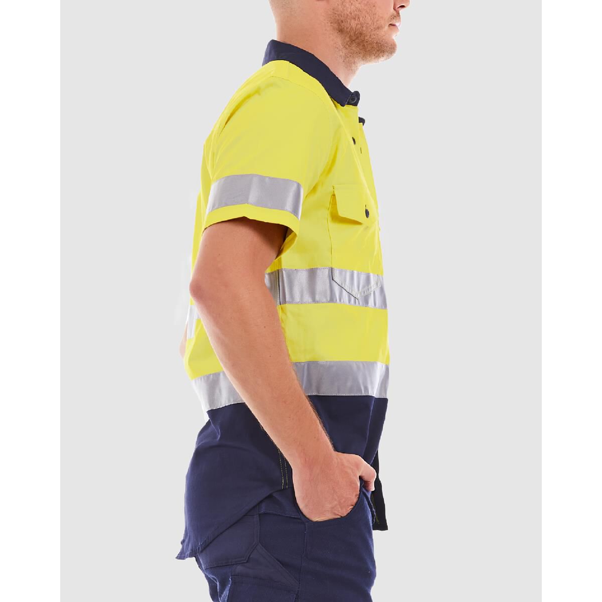 TRADIE FLEX SHORT SLEEVE REFLECTIVE SHIRT HI VIS YELLOW/NAVY 3XL, , scaau_hi-res