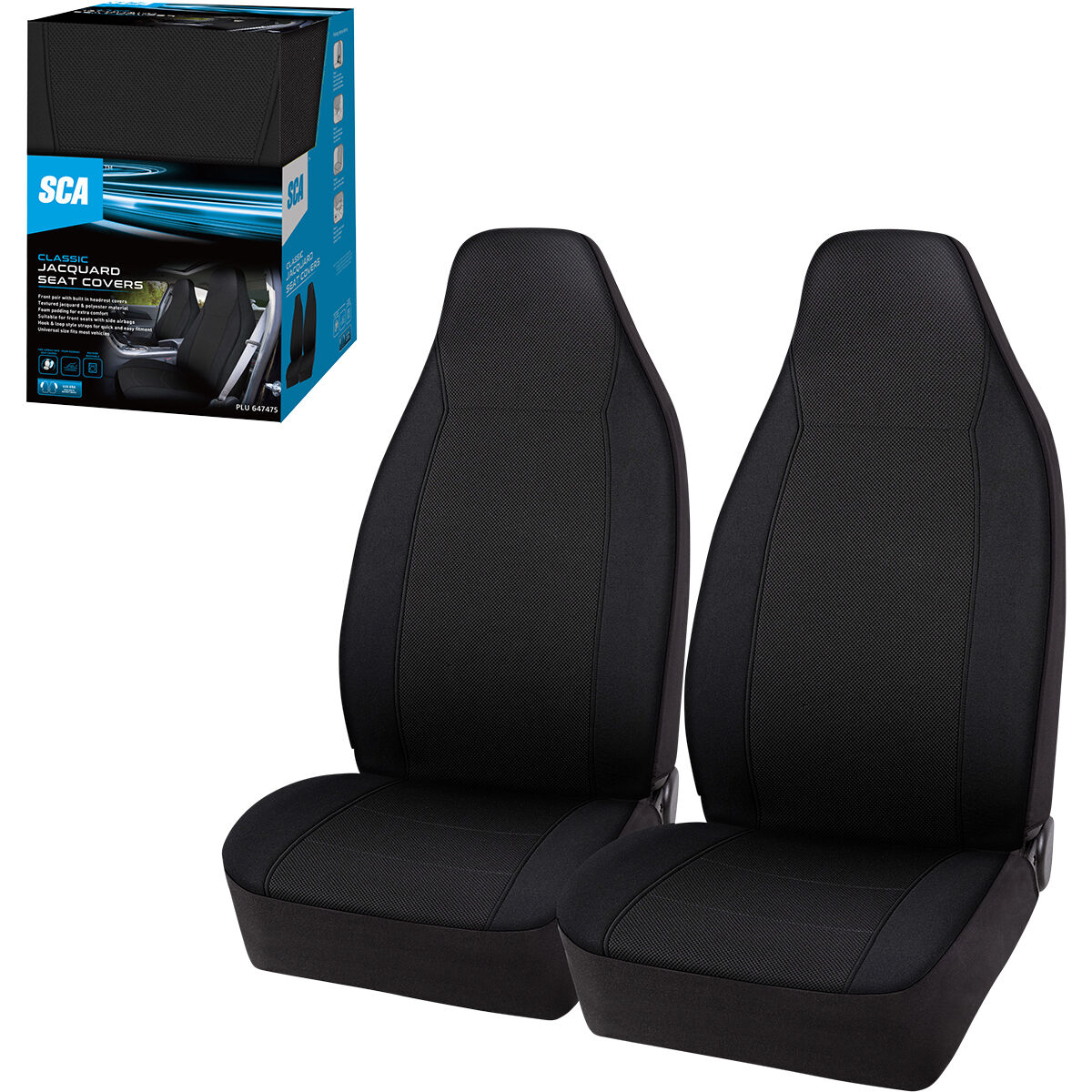 SCA Jacquard Seat Covers Black Built-In Headrests Airbag Compatible, , scaau_hi-res