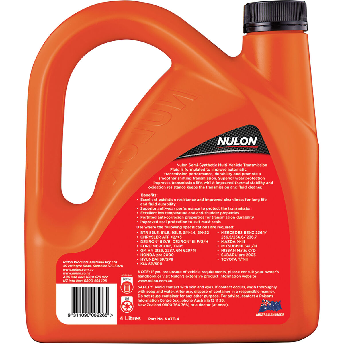 Nulon ATF Multi Vehicle Semi Synthetic Automatic Transmission Fluid 4 Litre, , scaau_hi-res