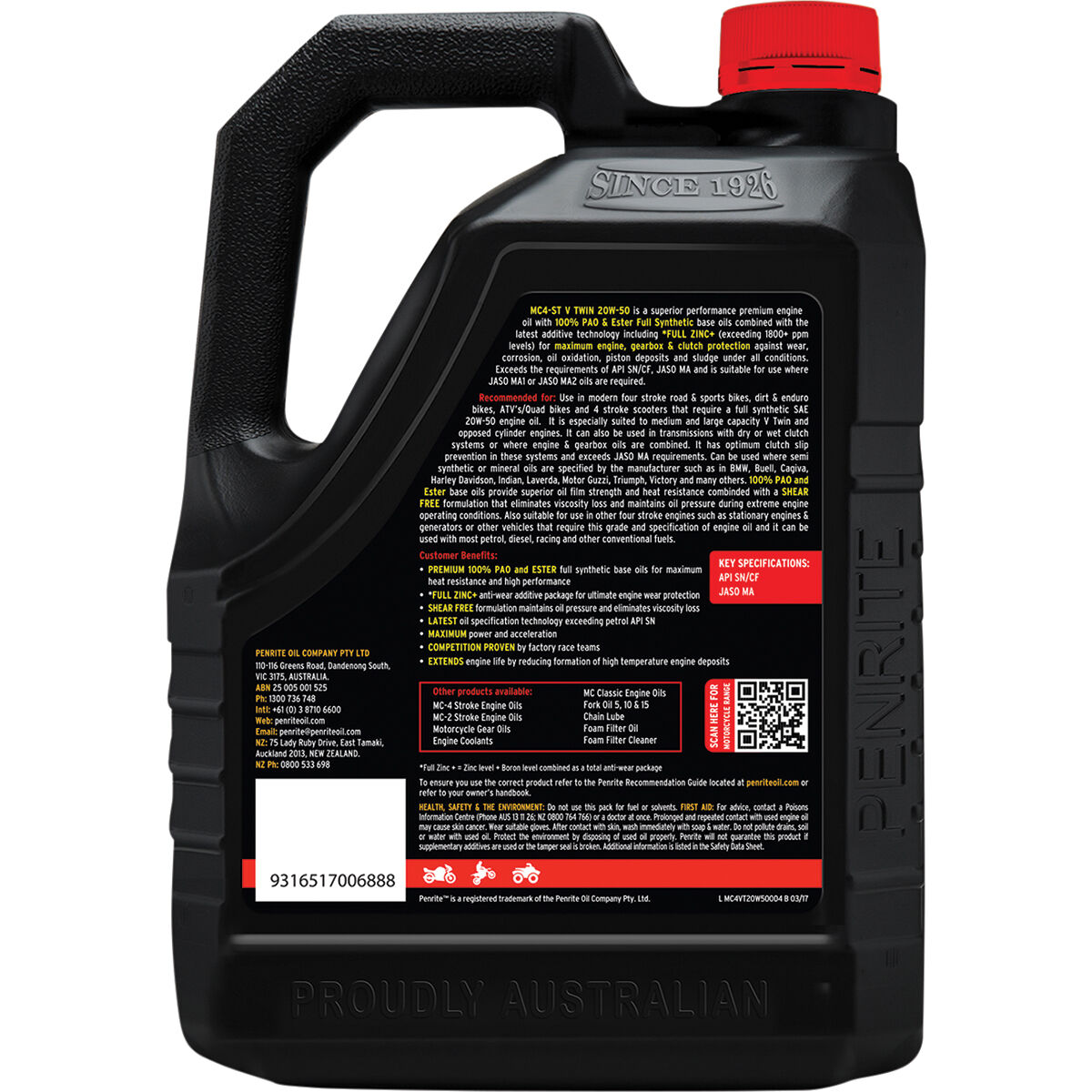 Penrite MC-4 V Twin Motorcycle Oil - 20W-50, 4 Litre, , scaau_hi-res