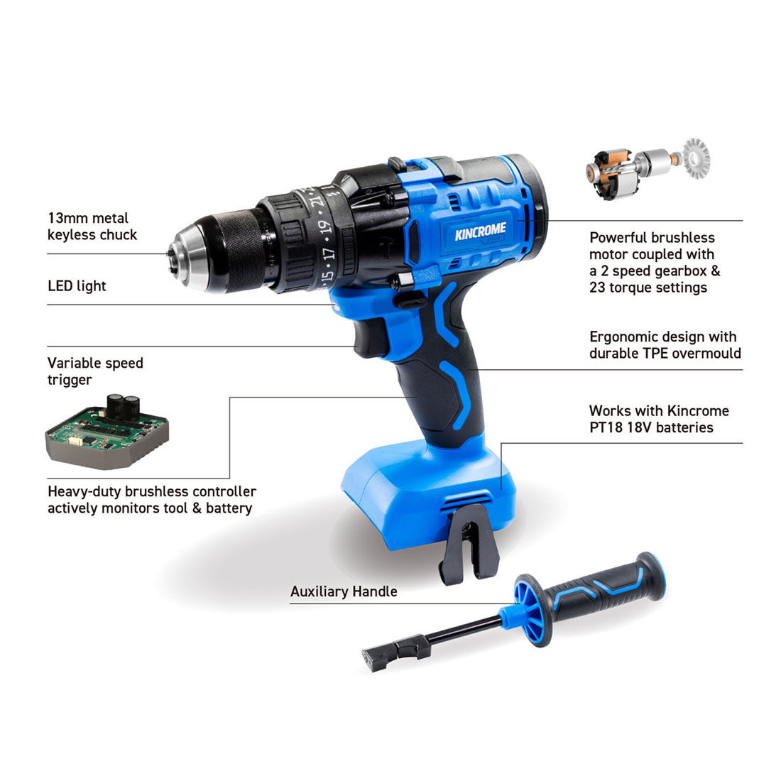 Kincrome PT18 18V 2 Piece Brushless Drill & Impact Wrench Kit 2.0Ah, , scaau_hi-res