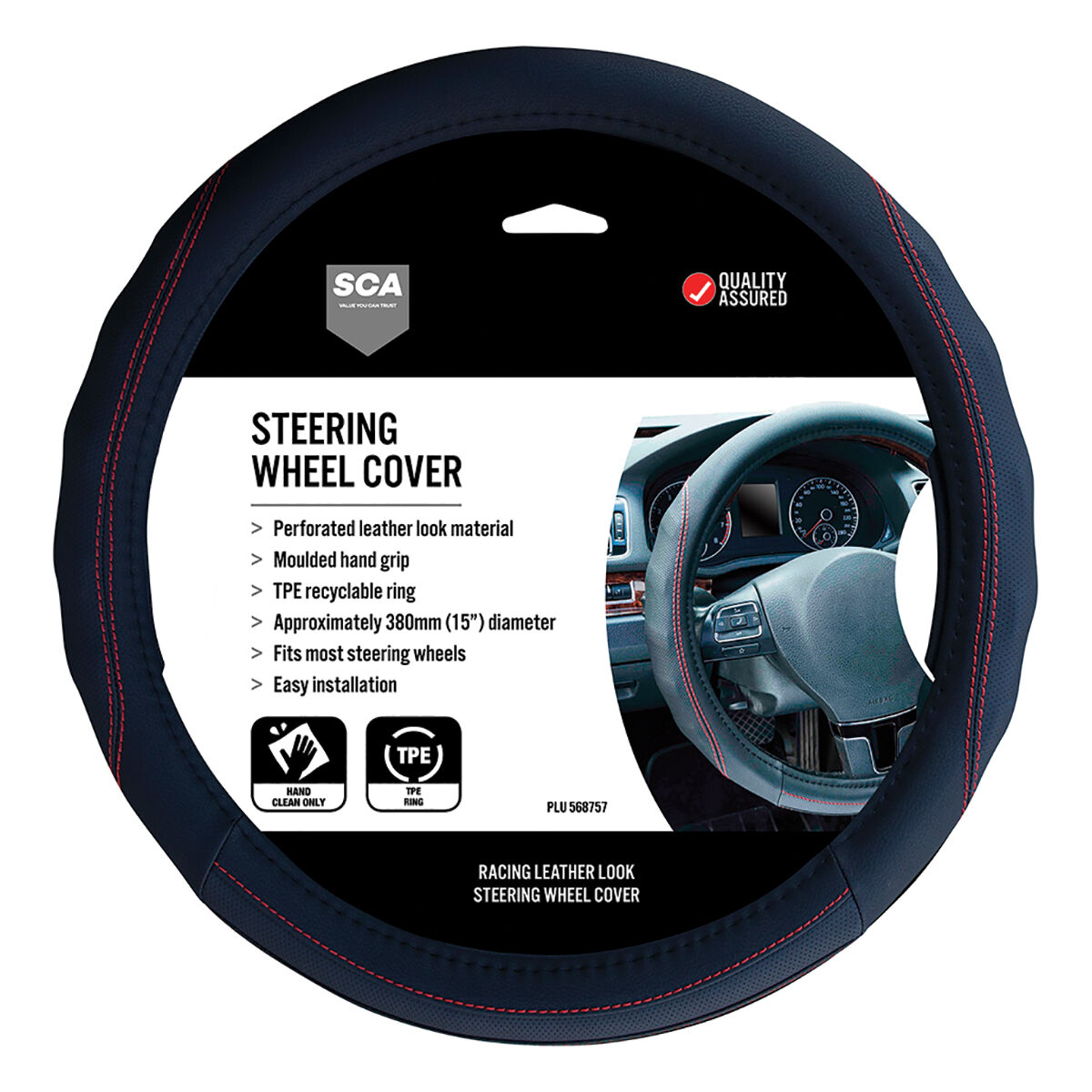 SCA Steering Wheel Cover - PU Racing, Black/Red, 380mm diameter, , scaau_hi-res