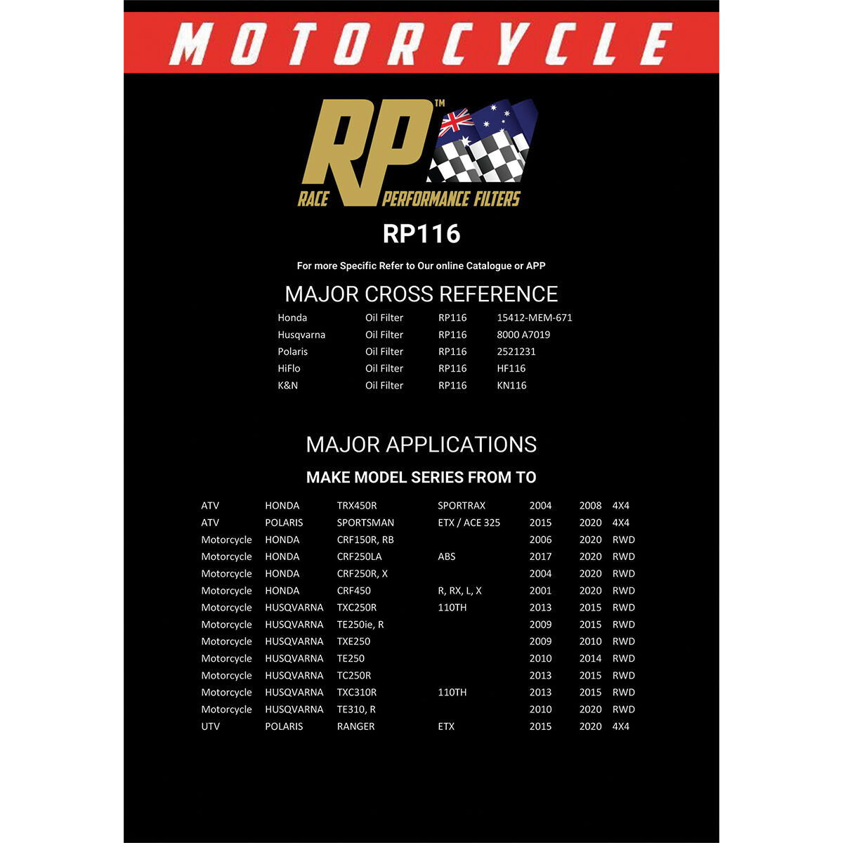 Race Performance Motorcycle Oil Filter RP116, , scaau_hi-res