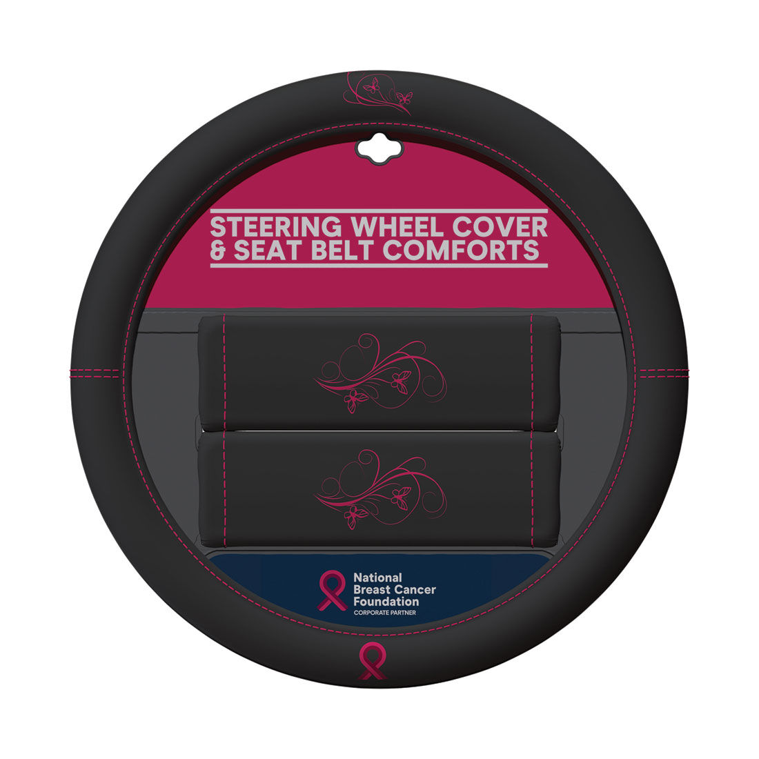 NBCF Pink Ribbon Steering Wheel Cover & Seat Belt Buddies, , scaau_hi-res