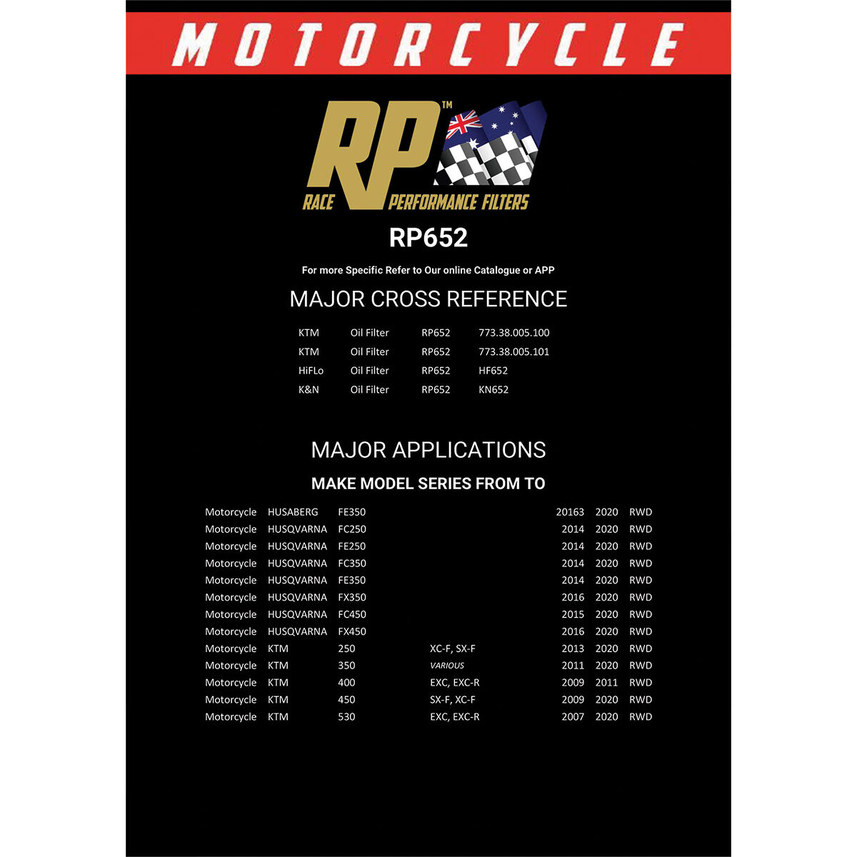 Race Performance Motorcycle Oil Filter RP652, , scaau_hi-res