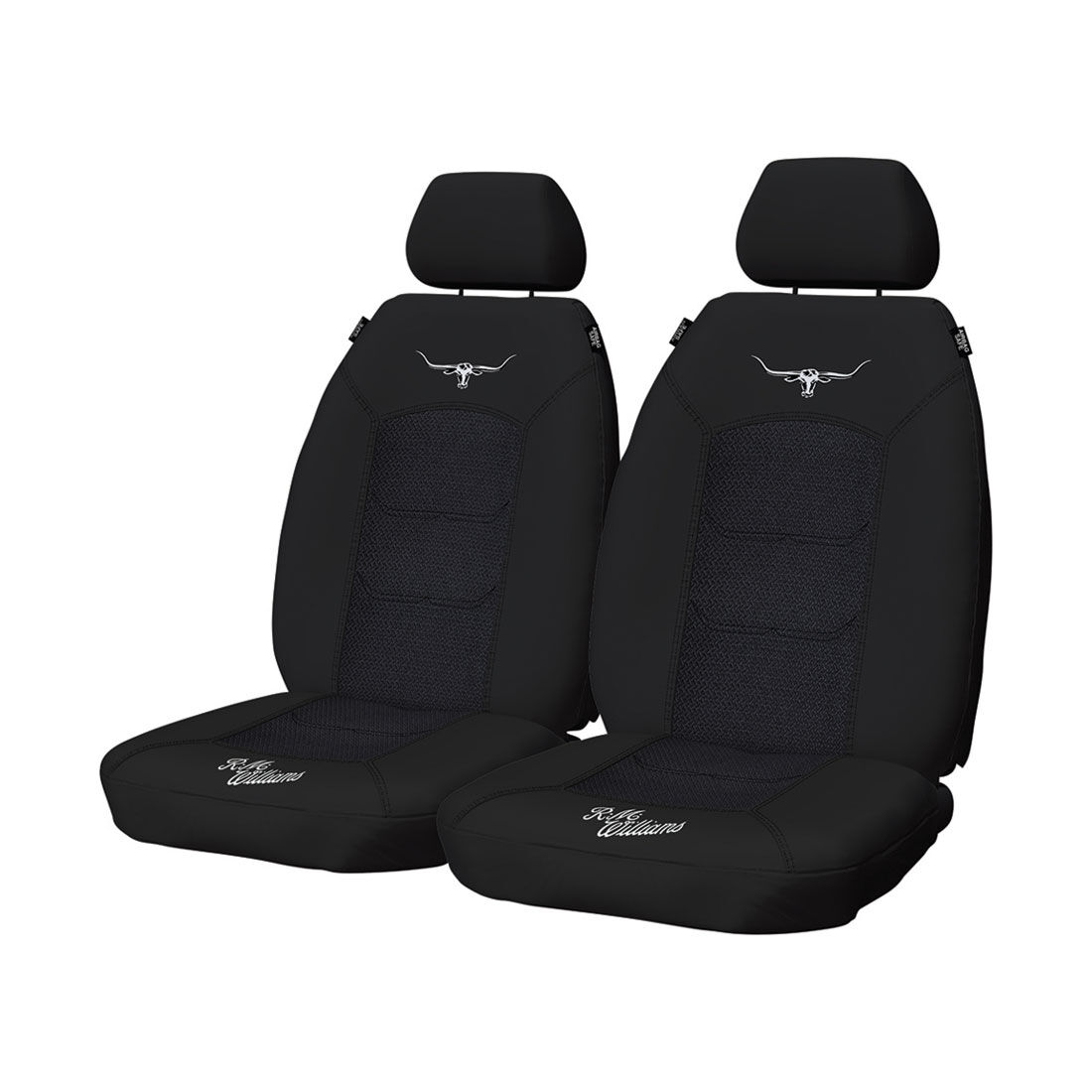 R.M.Williams Woven Seat Covers Black Adjustable Headrests Size 30 Front Pair Airbag Compatible, , scaau_hi-res