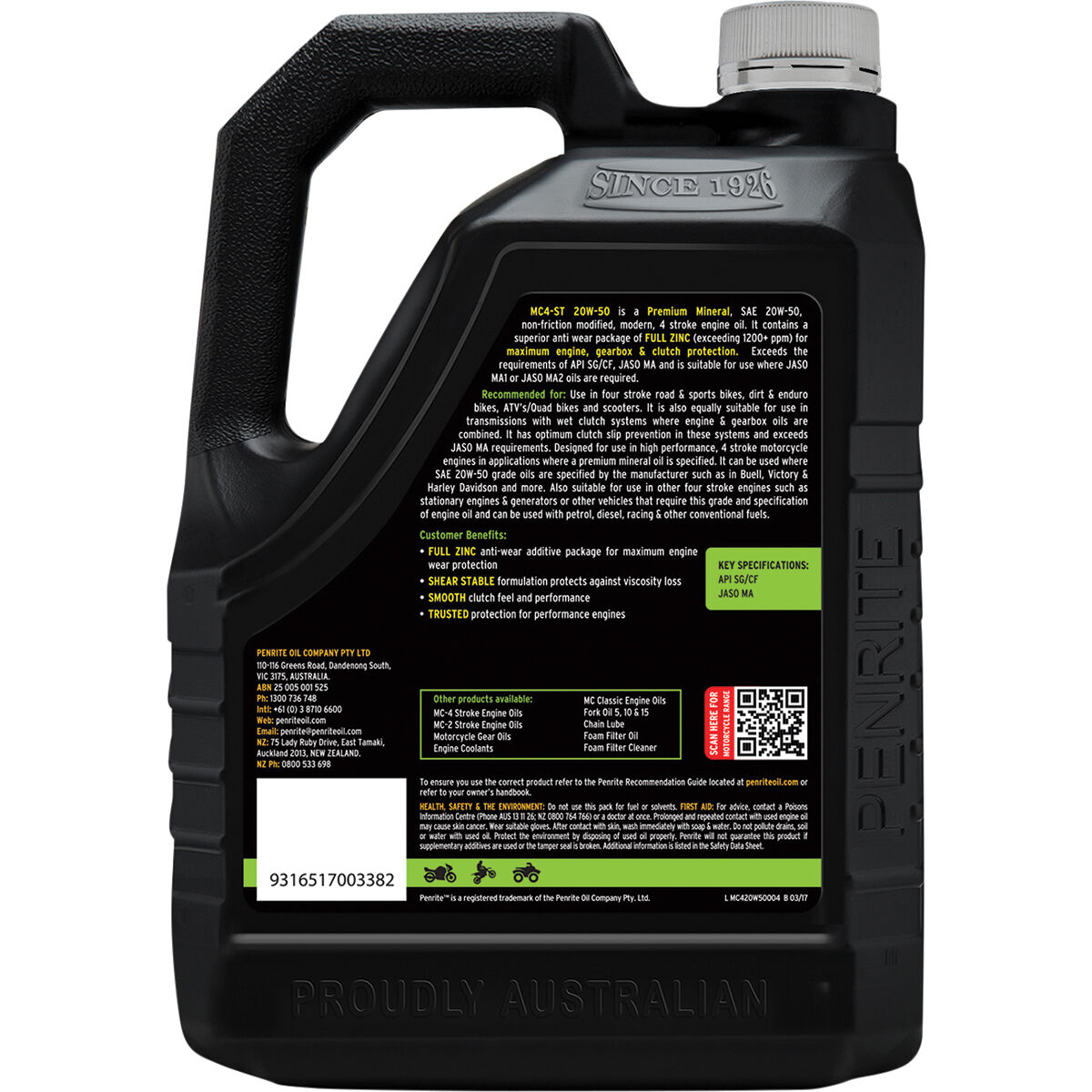 Penrite MC-4 Motorcycle Oil - 20W-50, 4 Litre, , scaau_hi-res