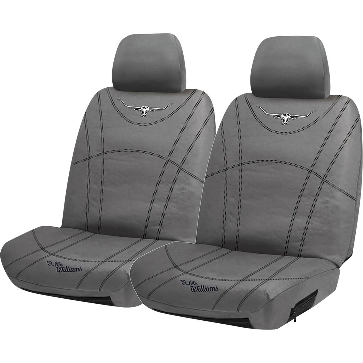 R.M. Williams Canvas Seat Cover Charcoal Adjustable Headrests Size 30 Front Pair Airbag Compatible, , scaau_hi-res