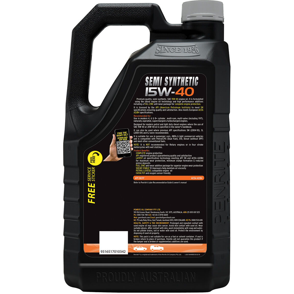 Penrite Semi Synthetic Engine Oil - 15W-40 5 Litre, , scaau_hi-res