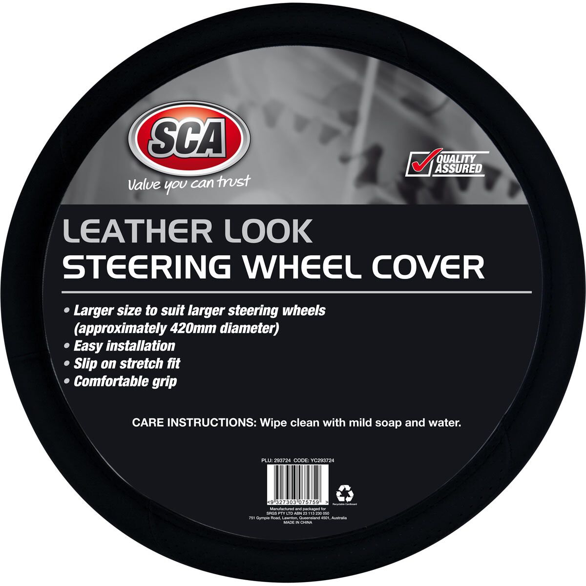 SCA Steering Wheel Cover - Leather Look, Black, 430mm diameter, , scaau_hi-res