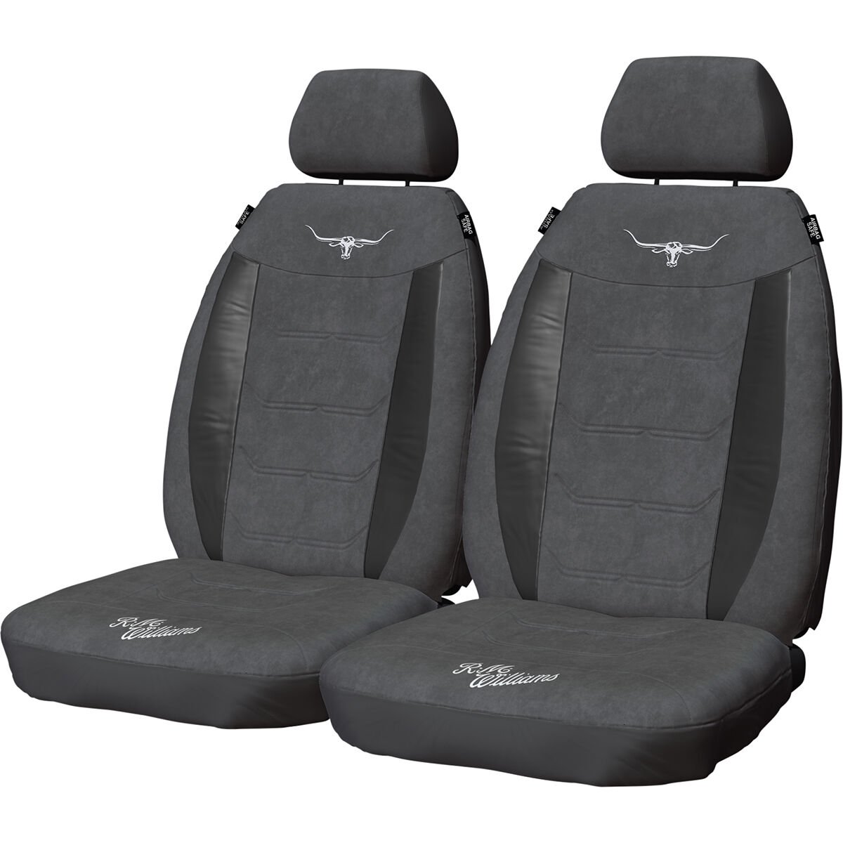 R.M.Williams Suede Velour Seat Covers Grey Adjustable Headrests Size 30 Front Pair Airbag Compatible, , scaau_hi-res