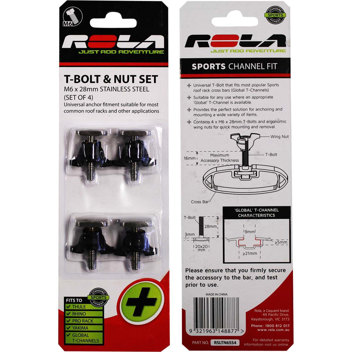 Rola Roof Rack T-Bolt M6 Stainless Steel 4 Pack, , scaau_hi-res