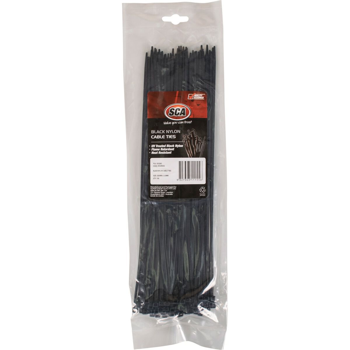 SCA Cable Ties - Black, 292mm x 3.5mm, 100 Pack, , scaau_hi-res