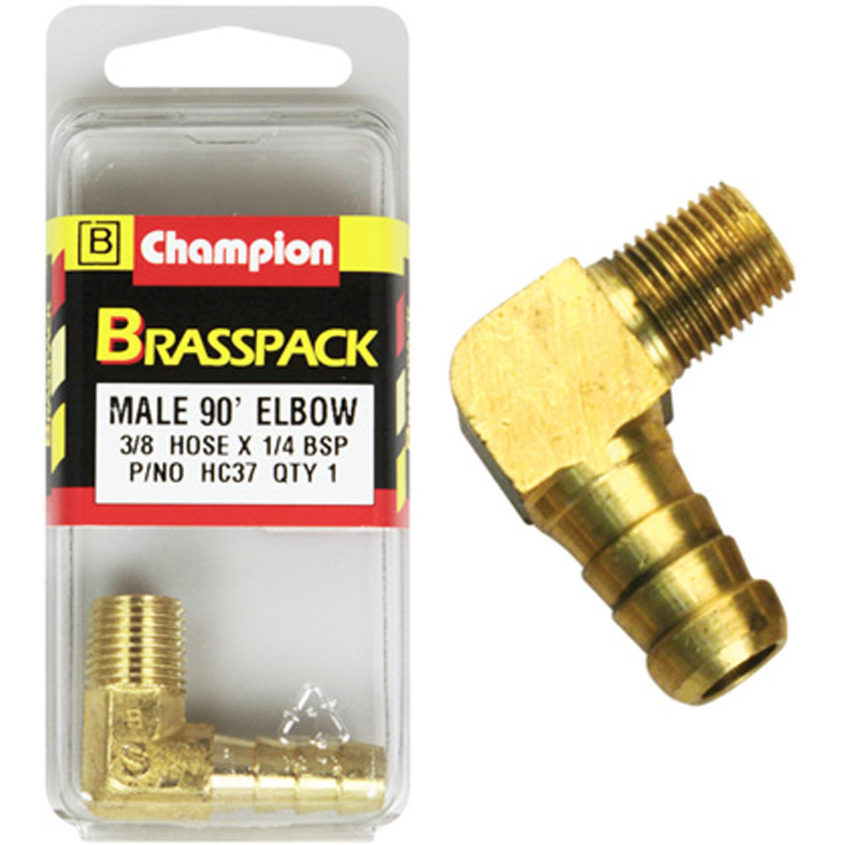 Champion Male Brass Pack 90° Elbow HC37, 3/8 x 1/4
