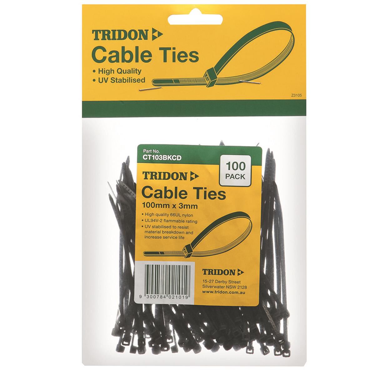 Tridon Cable Ties - Black, 100mm x 3mm, 100 Pack, , scaau_hi-res