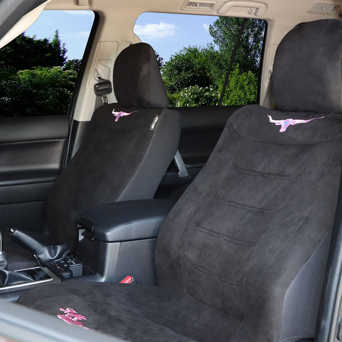 R.M.Williams Jillaroo Suede Velour Seat Covers Black/Pink Adjustable Headrests Size 30 Front Pair Airbag Compatible, , scaau_hi-res