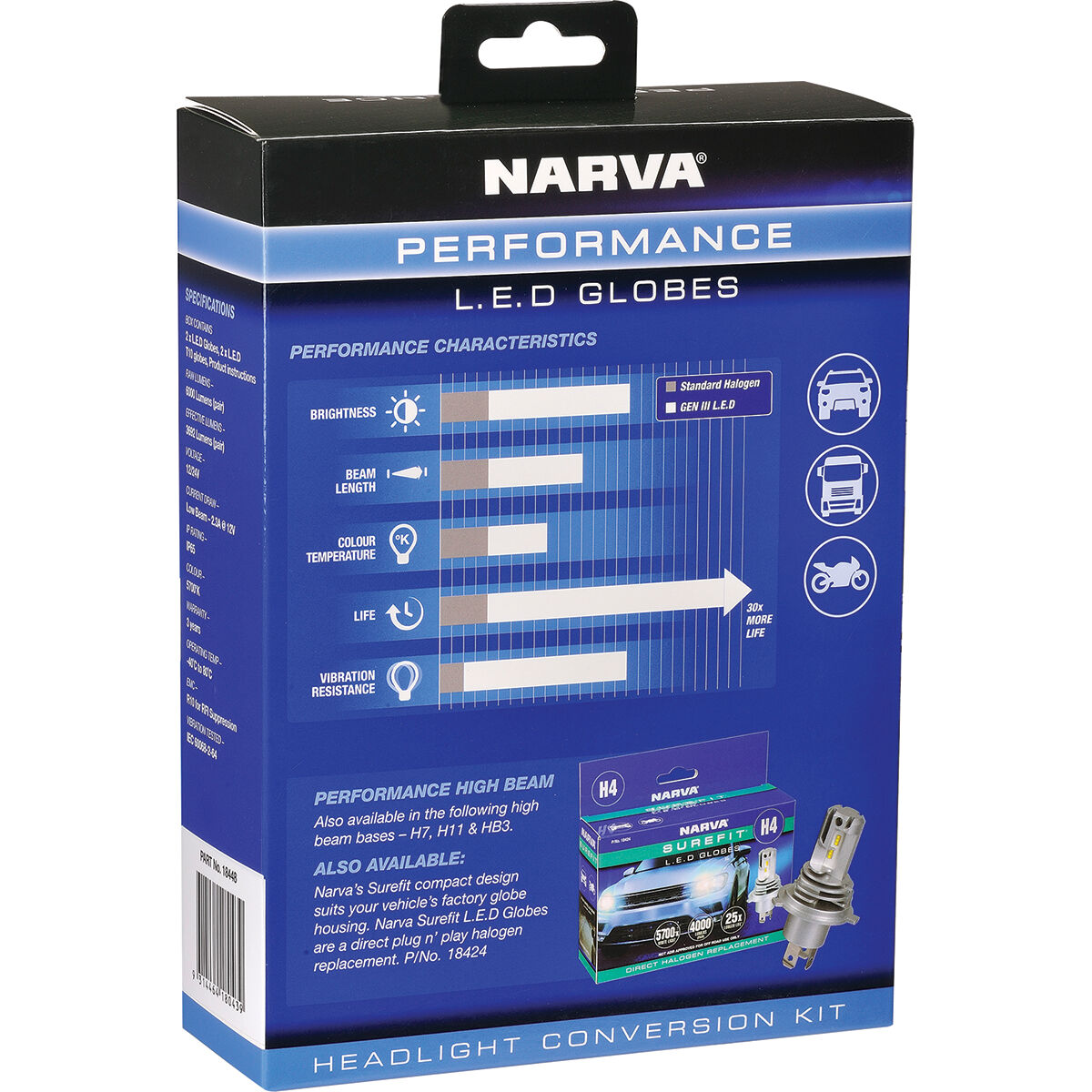 Narva Gen III LED Headlight Globes - H8/9/11, 12/24V, 18448, , scaau_hi-res