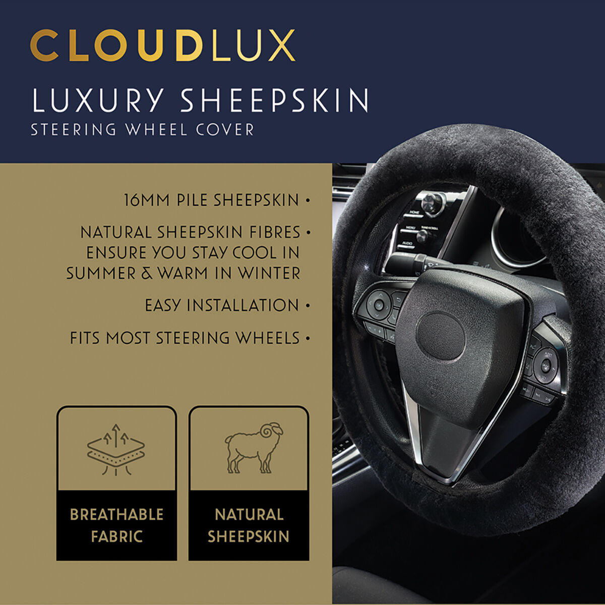 CLOUDLUX Steering Wheel Cover - Sheepskin, Black, 380mm diameter